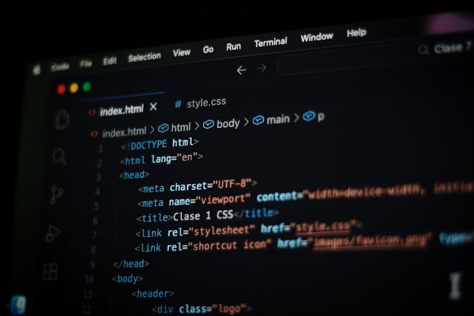 A computer screen displaying HTML code with lines of text in various colors, including tags such as <html>, <head>, <title>, and <link>, indicating the code of a webpage. The background is dark, and s